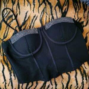 Black Bustier Top with Rhinestone Accents Large Fits Up To 34 D